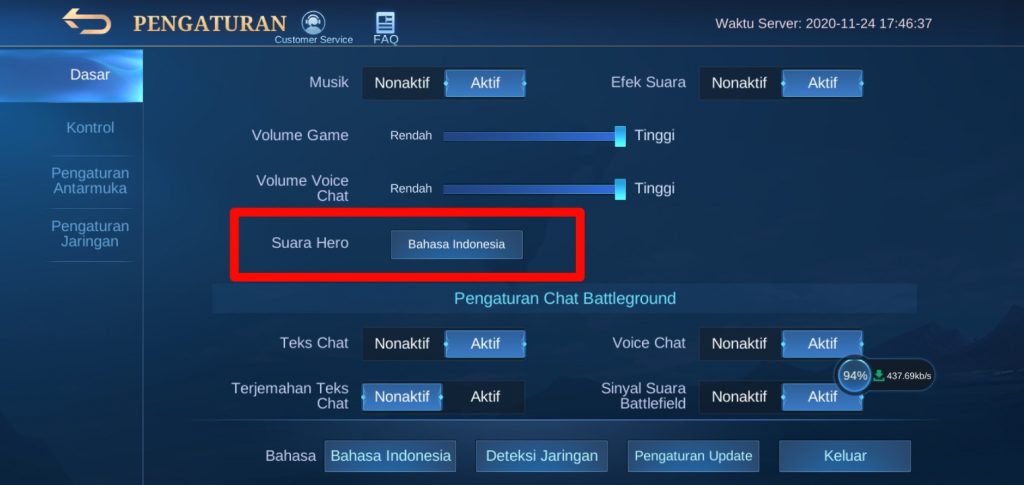 Menu Suara Hero Mobile Legends