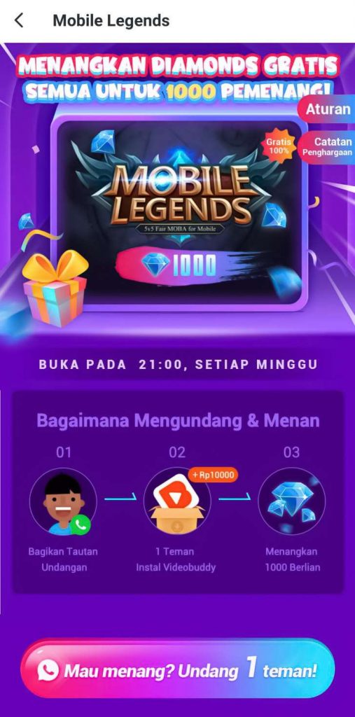 Cara Mendapat 1000 Diamond Gratis dari VideoBuddy